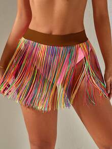 Swim Vcay Farbenfroher Quasten-Sarong Rock, geeignet für den Strand im Sommer - Braun - Übersicht 4
