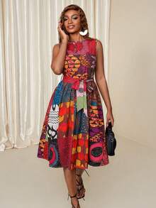 Eryvara Đầm nữ cổ tròn không tay in họa tiết hỗn hợp châu Phi, họa tiết ngẫu nhiên, thích hợp cho kỳ nghỉ. - Nhiều màu - Xem 6