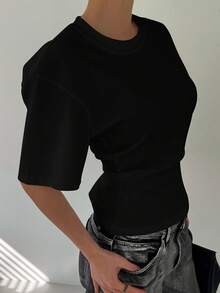 Strévra 女式夏季纯色圆领短袖休闲 T 恤，背部有褶饰 Y2k