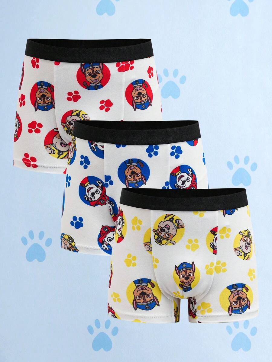 SHEIN | PAW Patrol 3pcs/Set Young Boy Cartoon Dog Paw Print Full Coverage Contrast Tape Waist Comfortable Boxer Briefs - White - View 1