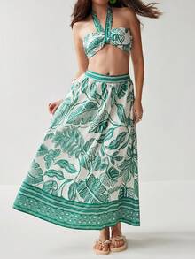 Soleia 女士热带植物印花露脐吊带上衣和半身裙两件套度假套装，度假装，沙滩套装，夏季，热带风情，可爱又有趣 - 彩色 - 查看 5