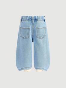 SHEIN 女婴可爱卡通水豚图案蓝色牛仔宽松裤 - 淺色水洗藍 - 查看 3