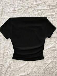 Attitoon Women's Casual Ruched Waist One-Shoulder Fitted Short Sleeve T-Shirt, Floral Print Pattern, Suitable For Summer - Black - View 2