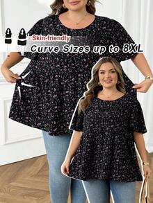 SHEIN CURVE+ 大码女式碎花圆领短袖休闲衬衫，夏季女装，度假女装，波西米亚风假日装，秋季女装，秋季服装，教师装 - 彩色 - 查看 1