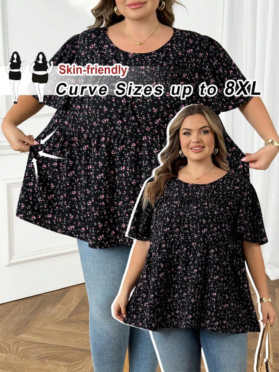 SHEIN CURVE+ 大码女式碎花圆领短袖休闲衬衫，夏季女装，度假女装，波西米亚风假日装，秋季女装，秋季服装，教师装 - 彩色 - 查看 1