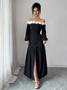 Rafferiza Women's Woven Plain Black One-Shoulder Long Sleeve Cinched Waist A-Line Dress With White Floral Applique, Elegant Party Dress - Black - View 1