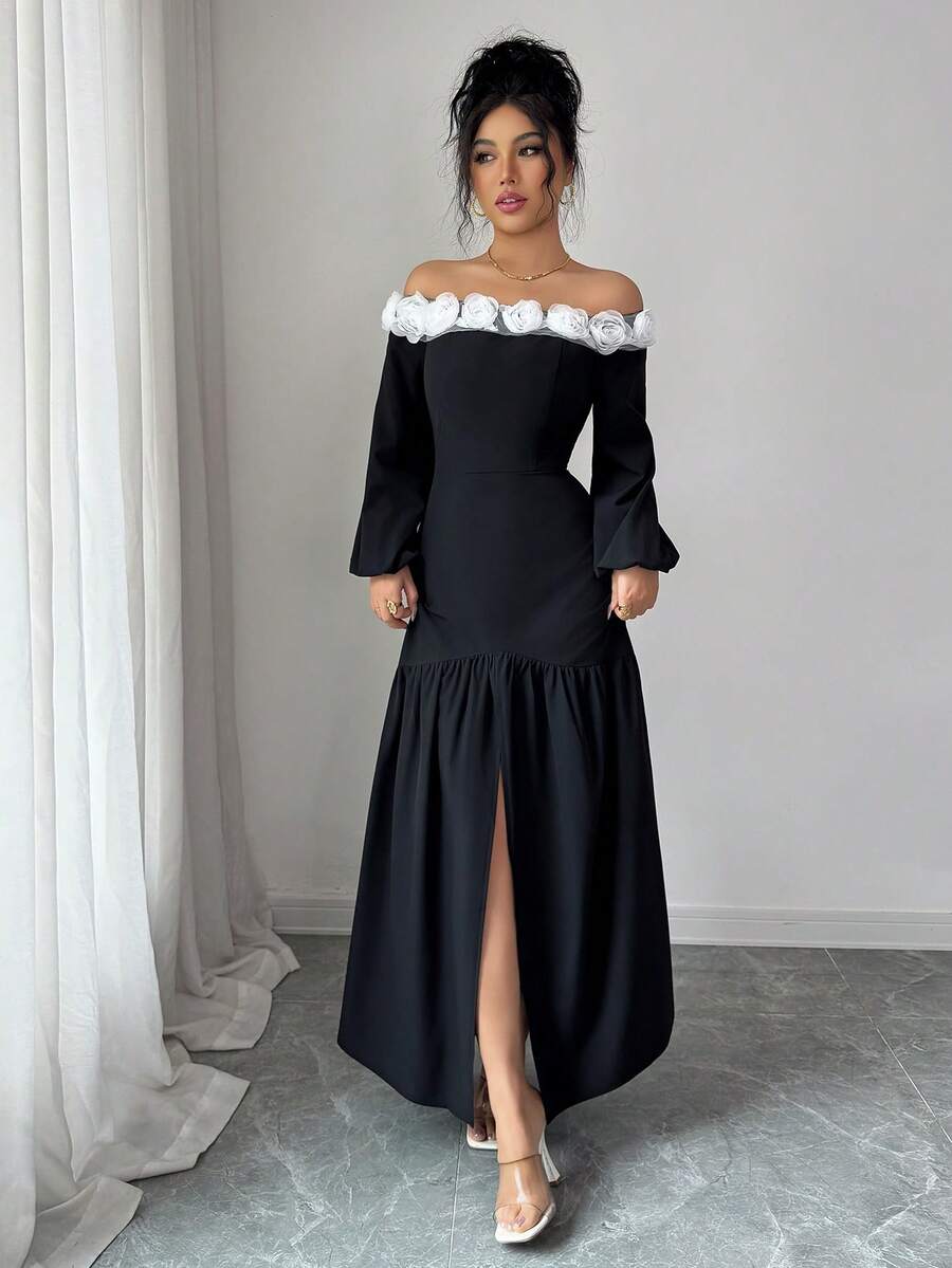 Rafferiza Women's Woven Plain Black One-Shoulder Long Sleeve Cinched Waist A-Line Dress With White Floral Applique, Elegant Party Dress - Black - View 1