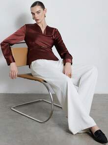 Aveloria Modichic Women's French Ruffled Collar Satin High-End Cinched Waist Shirt - Burgundy - View 2