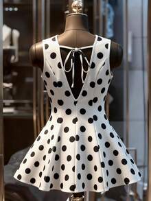 Franclia Elegant Women's Sexy Midi Dress, Round Neck Backless Polka Dot Print Dress - Black and White - View 2