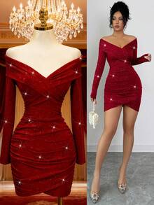 Chiquease 女士露肩亮片交叉褶皱紧身性感连衣裙 - 紅色 - 查看 8