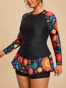 Travachic 大码女式黑色拼接热带植物印花泳装套装，圆领长袖大象印花泳衣上衣搭配泳裤，适合冲浪、春季、夏季度假、海滩度假等各种场合。 - 黑色 - 查看 3