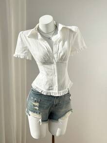 Elamini Women's Summer Top - Casual Textured Fabric With Ruffle Trim And Waist-Cinching Design For Valentine's Date & Party Outfits - White - View 5