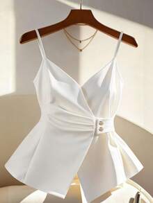 SHEIN Franclia Women's Fashionable Casual Commuter Daily Office Metal Buckle Camisole Top, Spring/Summer White Elegant Top Strappy Top - White - View 1