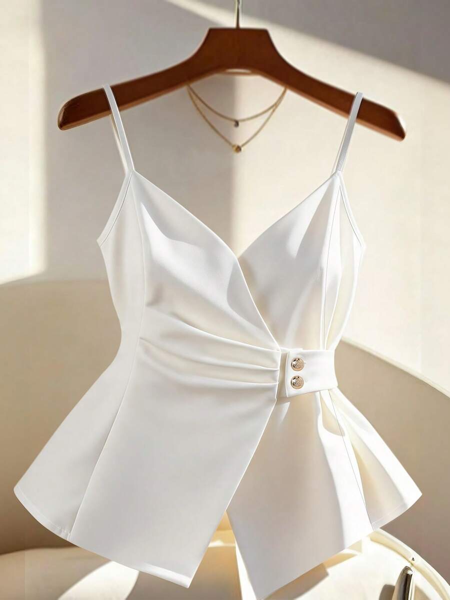 SHEIN Franclia Women's Fashionable Casual Commuter Daily Office Metal Buckle Camisole Top, Spring/Summer White Elegant Top Strappy Top - White - View 1