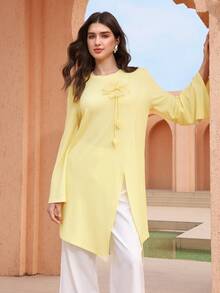 Graceveil 1pc Women's Solid Color Round Neck Textured 3D Floral Split Asymmetrical Long Sleeve T-Shirt - Yellow - View 10
