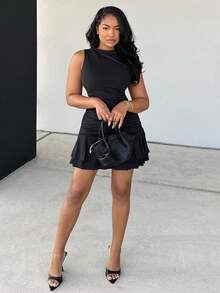Alexandranx Women Solid Color Sleeveless Ruched Mini Slip Dress, Layered,Party Dress - Black - View 4