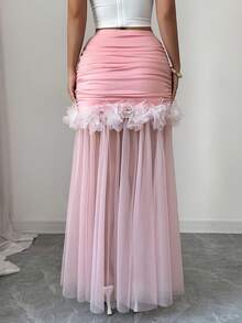 Elenzga 优雅法式浪漫西西里褶裥花卉装饰粉色喇叭中长裙，春夏款 - 粉色 - 查看 2