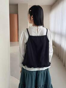 DAZY 少女休闲纯色蝴蝶结装饰衬衫和吊带背心套装 - 黑與白 - 查看 6