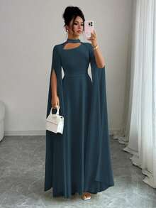 Elenzga 女士优雅法式浪漫度假风沙滩连衣裙，雪纺薄纱面料，镂空领，后背交叉系带，喇叭形长裙，长袖，开衩袖口，适合下午茶、派对、中东风格等场合。 - 水鴨藍 - 查看 6