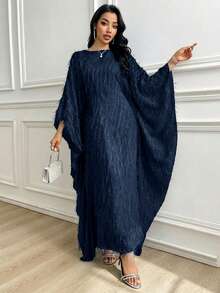 Al Najma 女士纯色船领蝙蝠袖优雅阿拉伯传统长裙 - 藏蓝色 - 查看 4
