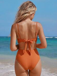 Swim Vcay 女士泳装比基尼，纯橙色3D装饰比基尼，复古高腰泳裤内置胸罩露脐背心吊带泳装，适合度假、海滩、花园婚礼宾客穿着，优雅女装，情人节新年派对度假套装，都市海滩波西米亚风2026春夏沙滩装 - 橘色 - 查看 3