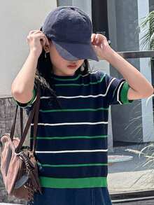 Dazy Kids 少女条纹圆领短袖休闲宽松针织上衣 - 彩色 - 查看 4