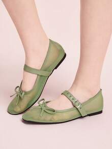 CUCCOO DOLLMOD Sepatu Flat Wanita Ujung Bulat Nyaman dengan Pita Merah Muda Modis dan Elegan, Sepatu Musim Semi, Liburan Musim Semi, Paskah, Hari Valentine - Kain kasa hijau - View 5