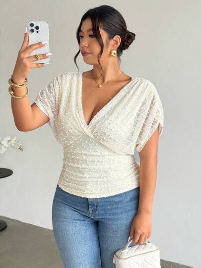 Firerie Maglietta casual, elegante e comoda da donna, in tessuto strutturato, con arricciature, maniche corte, scollo a V, vita elastica, vestibilità slim, adatta per la primavera/estate, taglie comode