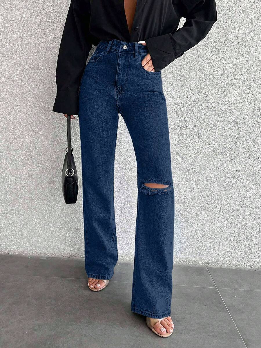 EURMUSE Jeans décontractés droits amples avec poches pour femmes - bleu indigo - Voir 1