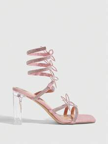 CUCCOO SZL Sandal cao gót mũi vuông màu trơn, trang trí hình bướm, thoải mái, thích hợp cho mùa hè. - Hồng - Xem 2