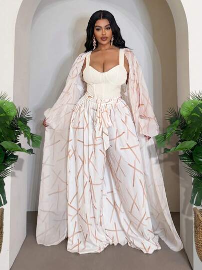 Slaydiva 2 piezas Conjunto holgado de talla grande para mujer con bata de manga farol y pantalones de pierna ancha