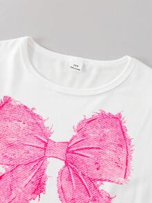 SHEIN ChillGRL 两件套女童休闲套装 - 蝴蝶结装饰T恤和牛仔裤 - 彩色 - 查看 3