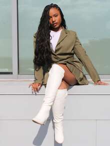 Steph T Solid Color Loose Waist Blazer Jacket And A-Line Pleated Skirt Suit, Early Autumn - Green - View 5