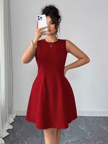 Elenzga Đầm không tay cổ tròn ôm sát, màu trơn, cỡ lớn - Đỏ - Xem 1