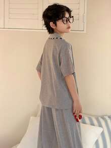 DAZY 男童字母印花短袖单排扣口袋上衣和裤子睡衣套装 - 灰色 - 查看 7