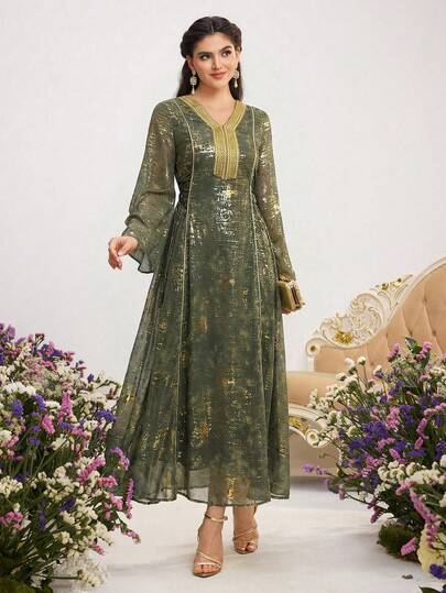 Al Najma Vestido árabe elegante de mujer con cuello en V y cintura ceñida para fiesta