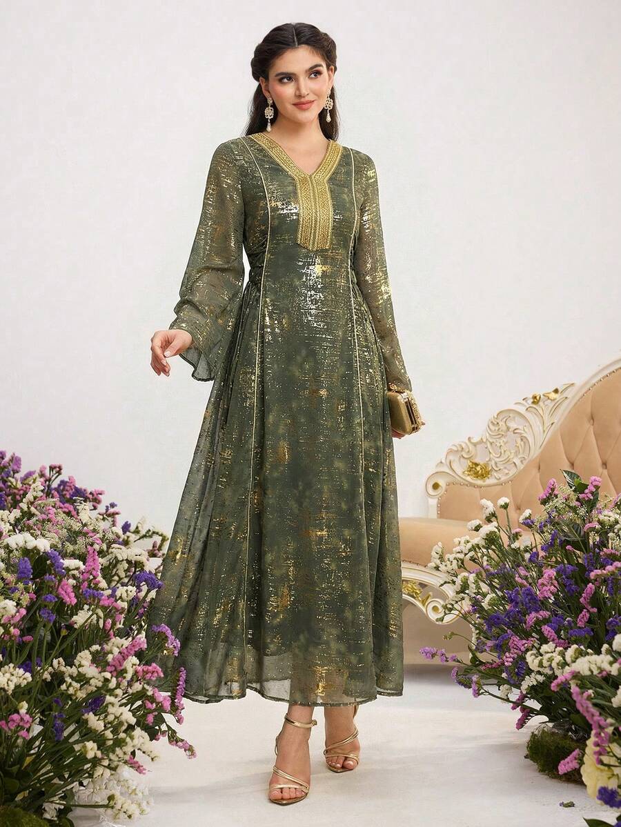 Al Najma 女士V领优雅收腰阿拉伯风派对连衣裙 - 綠色 - 查看 1