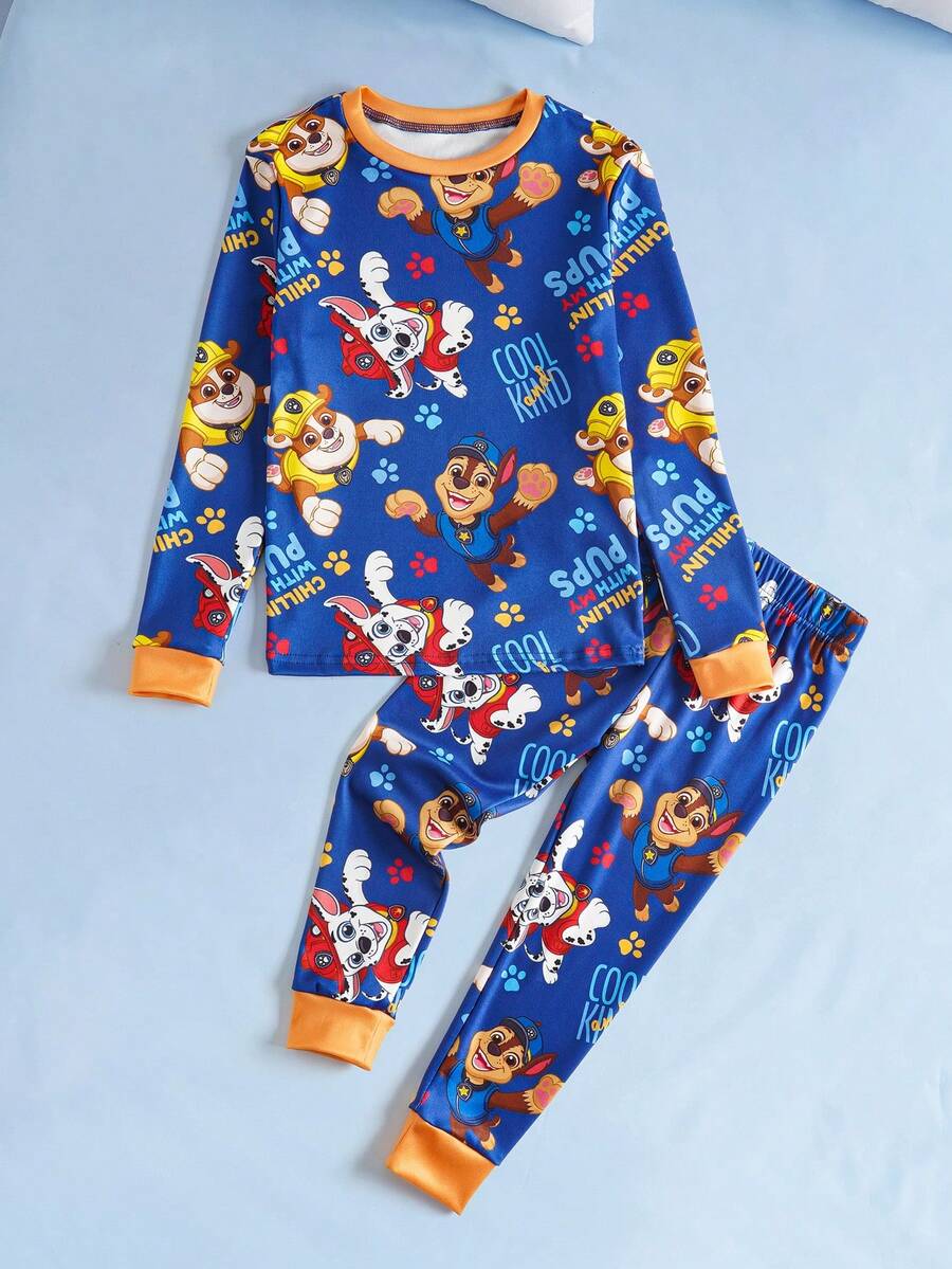 SHEIN | PAW Patrol 2件套男童卡通狗印花圆领长袖上衣和裤子舒适贴身睡衣套装，春秋季 - 藏蓝色 - 查看 1