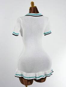 SaltGleam SaltGleam Collared Pearl Button Striped Hollow Crochet Ruffle Hem Fashionable Elegant Women Sweater Dress - Multicolor - View 2