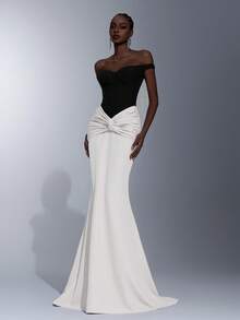 Elitara 优雅、浪漫、时尚、简约绿色、亮片面料、缎面拼接、鱼骨装饰、造型袖、鱼尾下摆、拖尾、时尚、网红、假日、度假、生日派对、婚礼、正式晚宴礼服 - 黑與白 - 查看 1