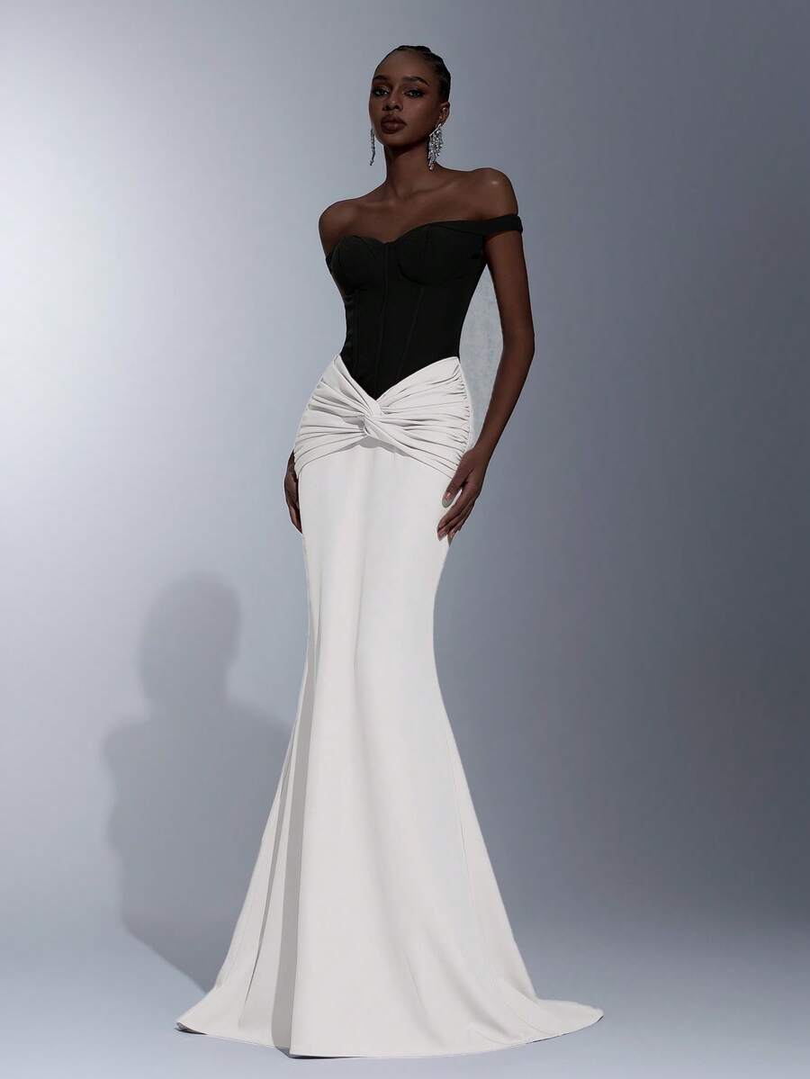 Elitara 优雅、浪漫、时尚、简约绿色、亮片面料、缎面拼接、鱼骨装饰、造型袖、鱼尾下摆、拖尾、时尚、网红、假日、度假、生日派对、婚礼、正式晚宴礼服 - 黑與白 - 查看 1