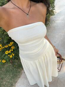 SHEIN EZwear 女士纯色褶皱连衣裙，优雅 - 杏色 - 查看 5