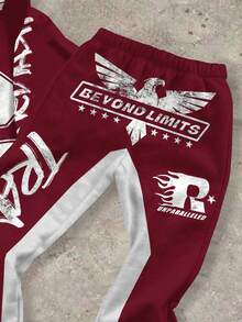 2 件男童图案连帽衫和运动裤套装 - “超越极限 32”大胆老鹰街头服饰 | 青少年秋冬励志服装，休闲宽松圆领长袖和裤子套装，适合秋冬季 - 彩色 - 查看 3