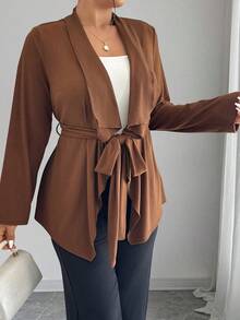 EMERY ROSE Plus Size Casual Solid Color Asymmetric Hem Jacket, Autumn - Brown - View 6