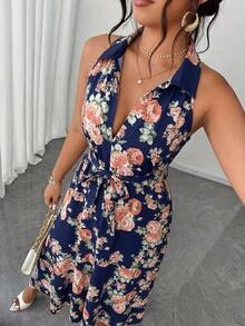 Elenzga Đầm dài cổ chữ V họa tiết hoa nhí thanh lịch dành cho phụ nữ cỡ lớn - Xanh đậm - Xem 5