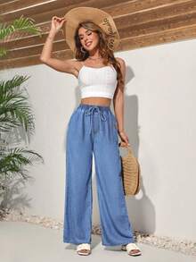 Women's Casual Everyday Cowboy Jeans With Drawstring Waist And Embroidered Accents - Medium Wash - View 5