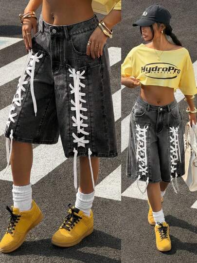 StreetHx Women's Loose Casual Denim Shorts With Pockets And Eyelet Lace-Up Design Y2k Women Shorts Streetwear Shorts Lace Up Shorts Baggy Shorts