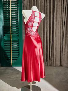 SHEIN Women's Backless Lace Trim Faux Silk Nightgown - Burgundy - View 4