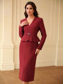 ZEYLAH 刺绣修身长裙，秋冬款 - 酒紅色 - 查看 6