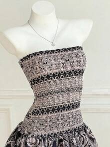 Women's Floral Print Ruffle Hem Strapless Mini Dress, Vacation Style - Black and Gold - View 4